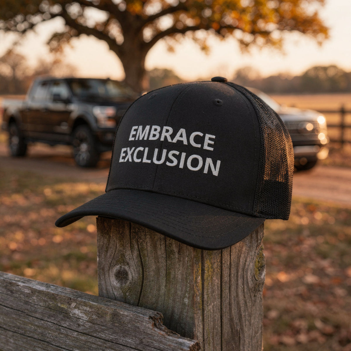 EMBRACE EXCLUSION Trucker Black Hat